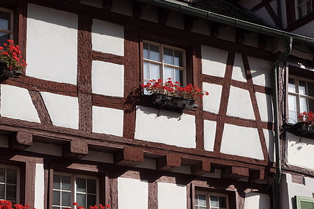 fachwerkhaus, 桁架, 花, 花盒, 首页, 建设, 木材
