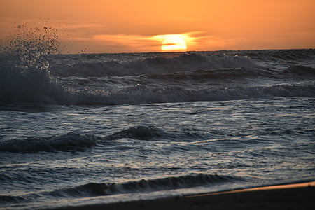 coucher de soleil, mer, été, plage, Dim, rétro-éclairage, horizon