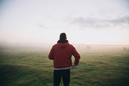 person, wearing, red, windbreaker, man, nature, fog