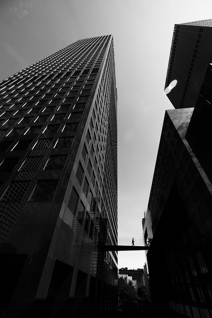black-and-white, buildings, contemporary, low angle shot, modern, monochrome, silhouette