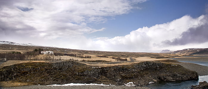 ฟาร์ม, ไอซ์แลนด์, ท้องฟ้าสีฟ้า, หน้าผา, หิน, ชนบท, กลางแจ้ง