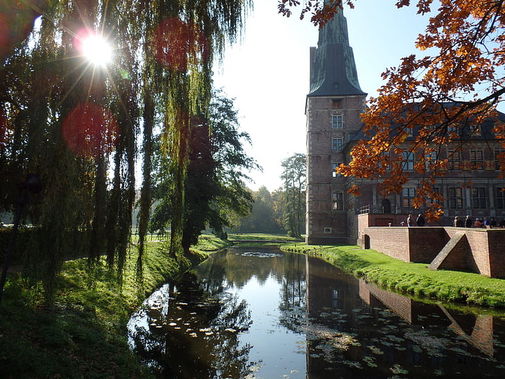 castle, raesfeld, moat, autumn, roma table, fairy tales, water
