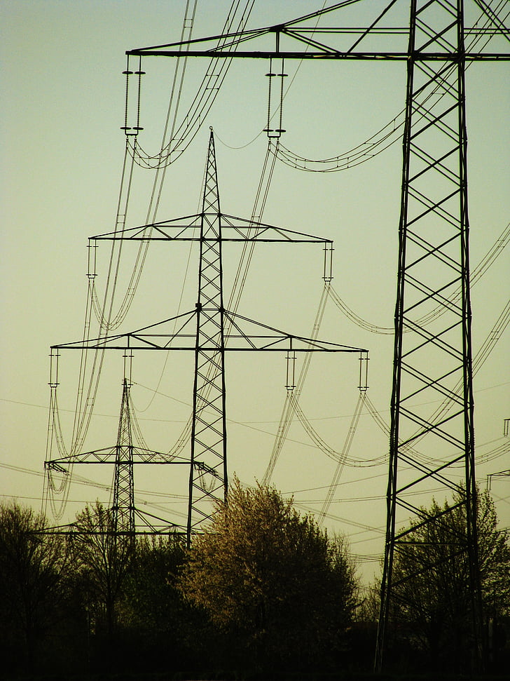 power poles, landscape, technology, high voltage, evening, germany, baden württemberg