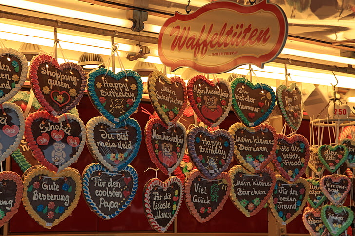 folk festival, fairground, naschbude, candy, gingerbread hearts, year market, nibble