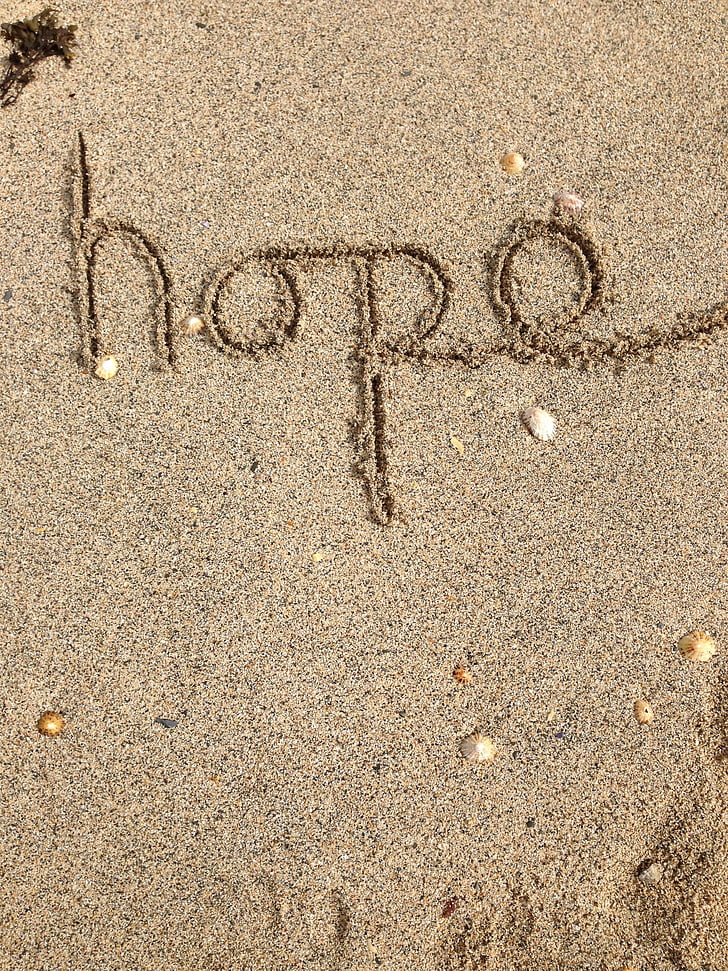 надежда, писане, текст, положително, съобщение, пясък, Щастлив