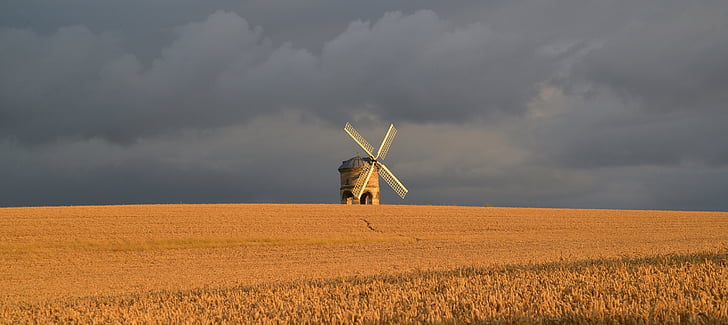 větrný mlýn, pole, zemědělství, malebný, tradiční, Anglie, večer