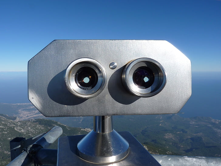 binoculars, sea, mountains, view, blue, outlook, wide