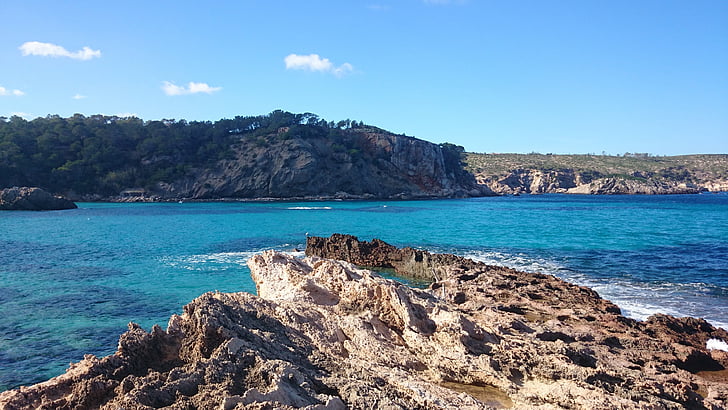 ibiza, beach, island, mar, rocks, cliffs, landscape