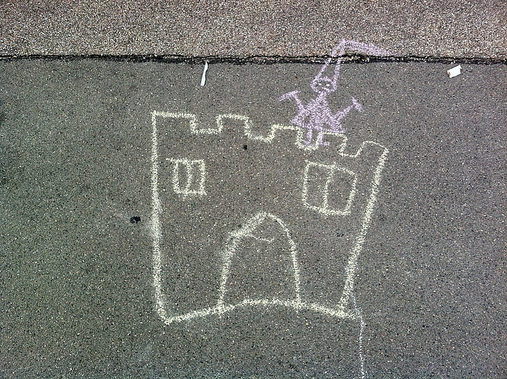 street chalk, street art, children picture, castle, princess, drawing, asphalt