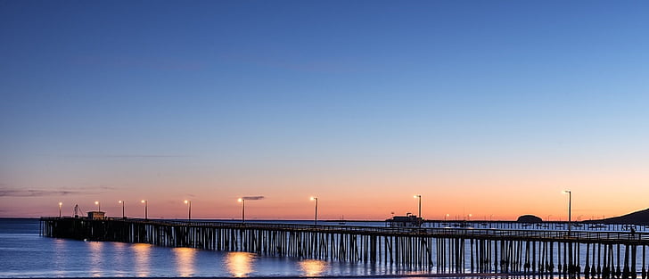 Pier, solnedgang, vann, hav, landskapet, naturskjønne, himmelen