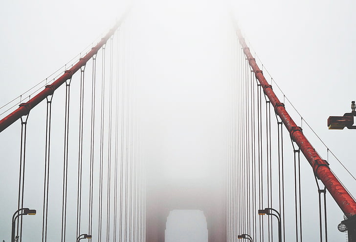 architecture, bridge, foggy, misty, steel, suspension bridge, industry