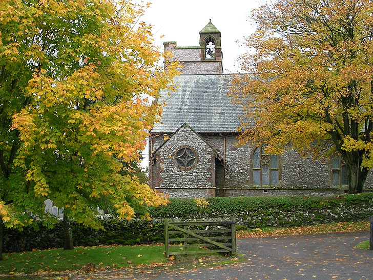 bažnyčia, rudenį, medžiai