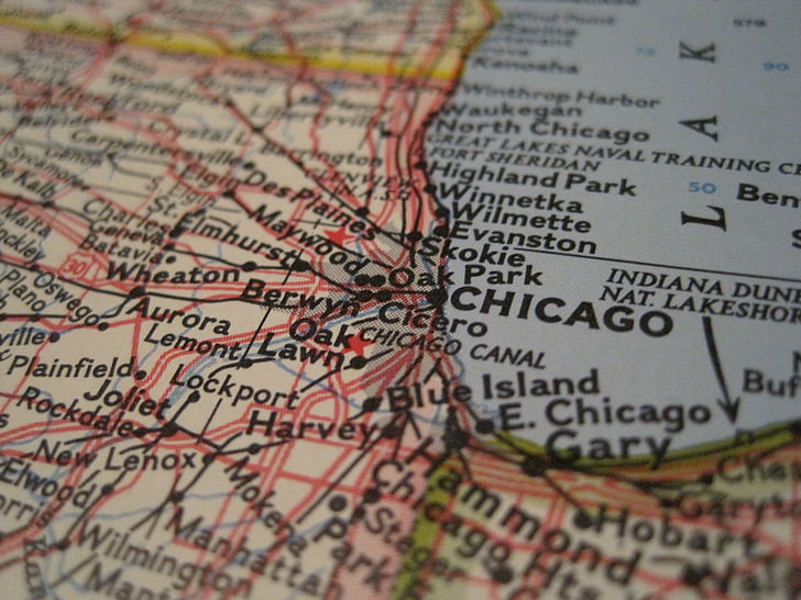 chicago, map, close-up, usa, america, illinois, cartography