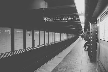 zwart-wit, Metro, New york city, station, Metro, het platform, vervoer