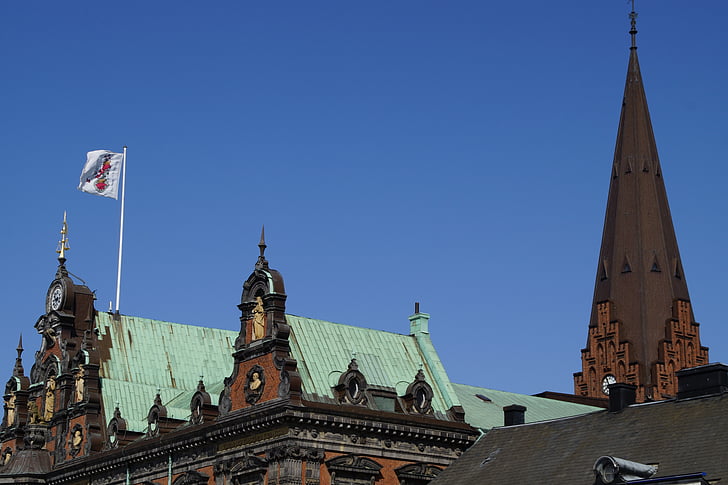 Malmö, Svédország, haza, homlokzat, régi, történelmileg, épület
