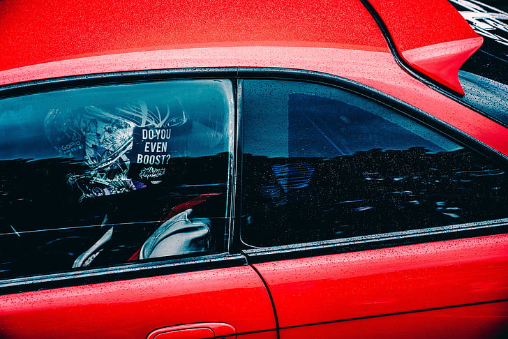 czerwony, samochód, pojazd, barwiona w kolorze, okno, podróży, drogi