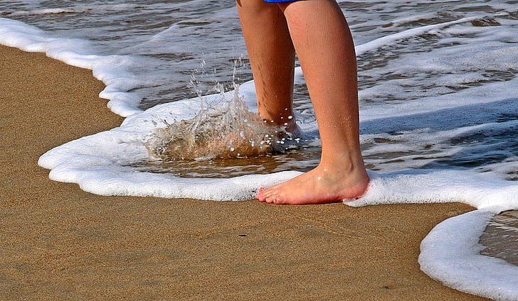 bàn chân, chân, Cát, nước, làn sóng, đi, phun