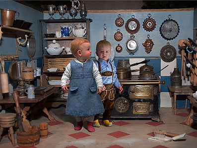 dolls kitchen, inhabited, children, play, full length, two people, childhood