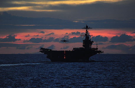 sunset, water, ocean, silhouette, dusk, sky, aircraft carrier