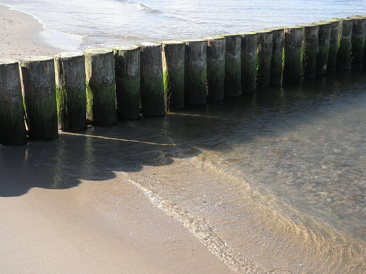 groynes, water structures, protection against erosion, wooden posts, island of usedom, beach, back light