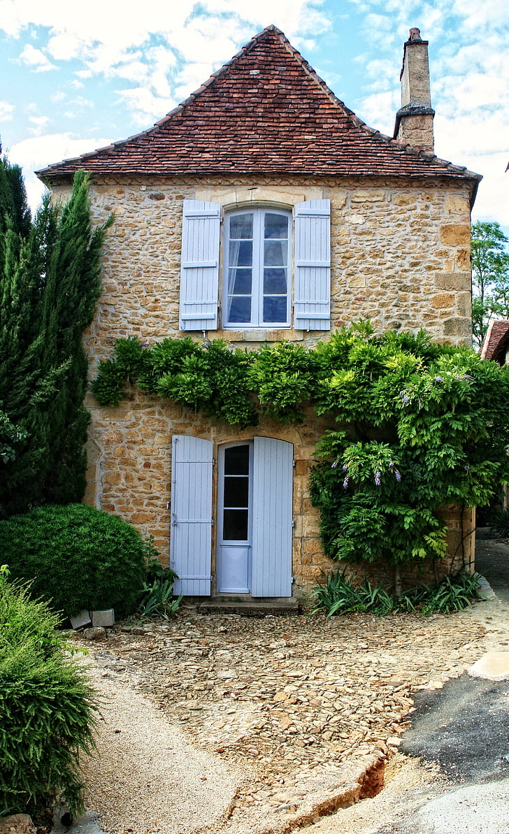 Frankrike, Dordogne, Périgord, Limeuil, huset, gamle stein, blå