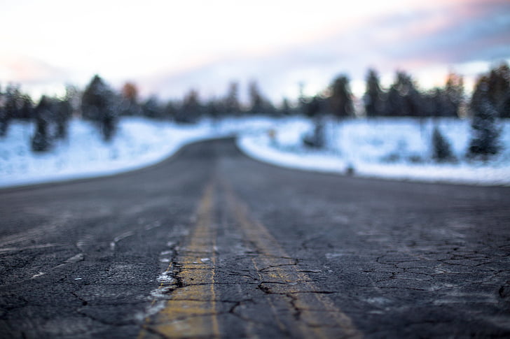 asfalto, frio, rachado, profundidade de campo, perspectiva, estrada, neve