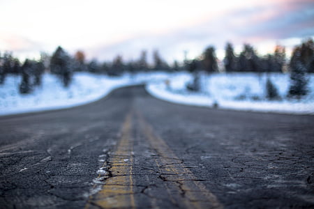 asphalt, cold, cracked, depth of field, perspective, road, snow