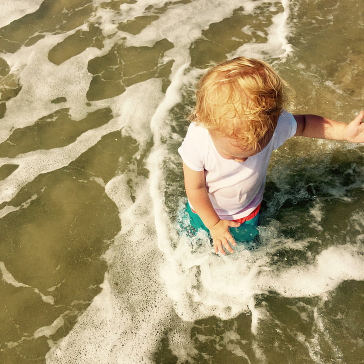 Kid, sommar, stranden, stänk, vatten, havet, barn