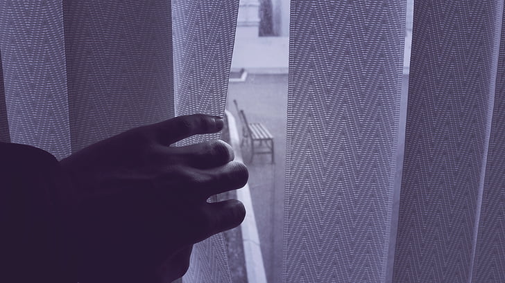 window, curtain, hand, pane, glass, bench, black and white