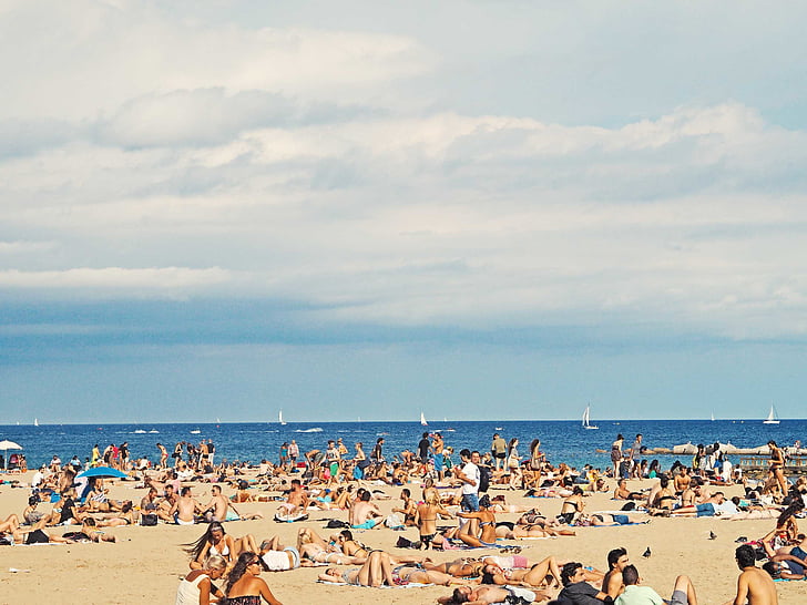 pūlis, cilvēki, sēde, pludmale, dienas, jūra, Barcelona