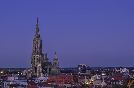 Münster, Ulm, Niebieska godzina, Wieża, Iglica, budynek, Kościół