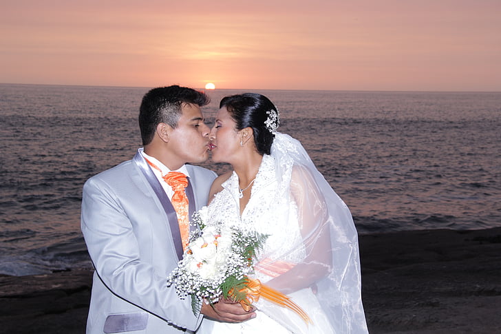 bruiloft, Gelukkig, zee, gelukkige paar, romantiek, liefde, geluk