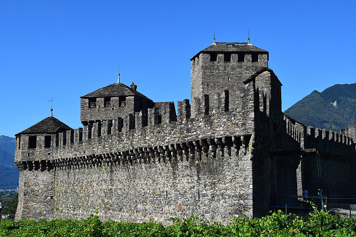 Středověk, Bellinzona, Švýcarsko, Torre, hrad, obloha, zdi