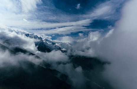 mountain, highland, clouds, sky, summit, ridge, landscape