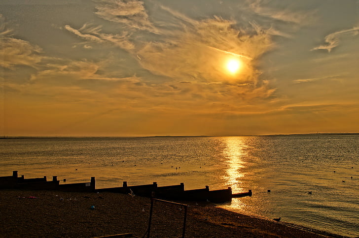 solnedgång, Whitstable, Storbritannien, kusten, kusten, kvällen, spektakulära
