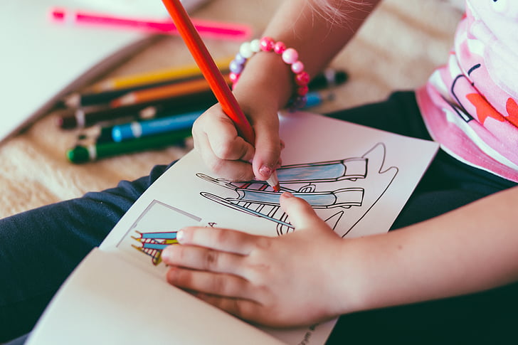 girl, holding, white, pen, coloring, book, kid