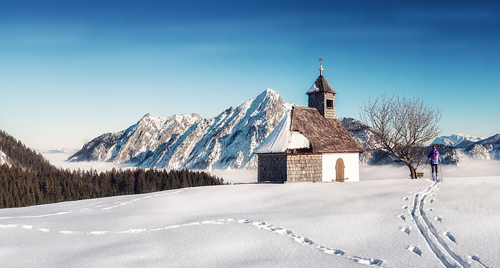 chapel, mountains, winter, alpine, landscape, nature, mountain chapel