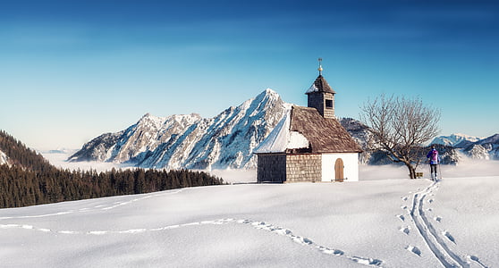 kapell, bergen, vinter, Alpin, landskap, naturen, Bergkapell