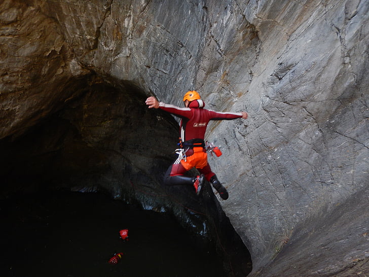 canyoning, jump, water, rock, gorge, gumpen, action