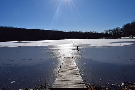 冬, 湖, 太陽, ドック, 自然, 風景, 空