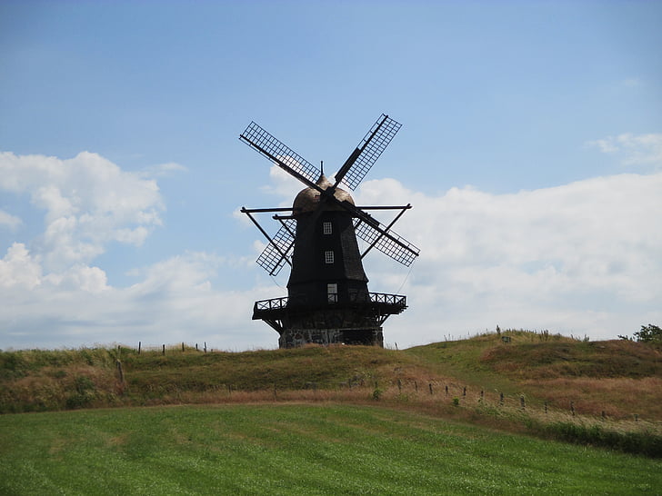 windmill, field, summer, landscape, green, milieu, countryside