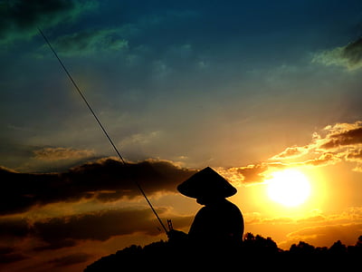 sunset, fisherman, sun, twilight, in the evening, shadow, red