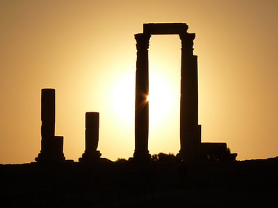 silhouette, Rock, formation, Dim, amour, coucher de soleil, Colline de la citadelle, Amman
