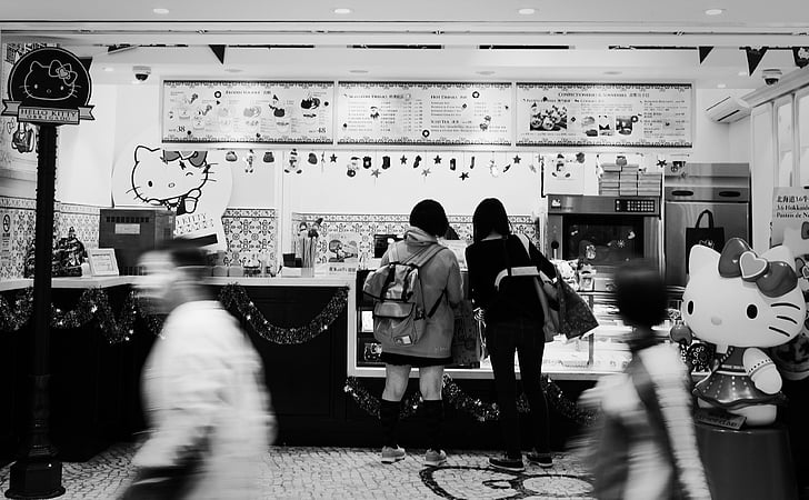 black-and-white, café, hello kitty, people, restaurant, shop, black And White