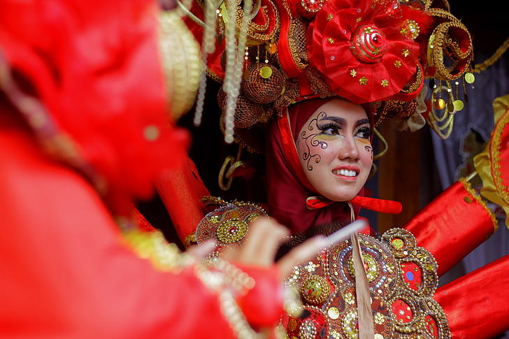 Carnaval, cultura, Indonesio, arte, alegría, mujeres, cara