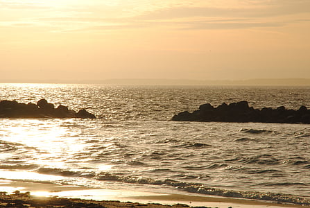 solnedgång, havet, himmel, naturen, kusten, stranden, våg