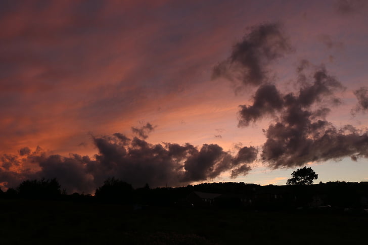 clouds, sunset, silhouette, tree, hill, dusk, twilight