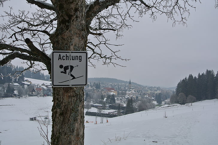 síelés, Németország, Fekete-erdő, Achtung, Ski, Figyelmeztetés, vigyázz