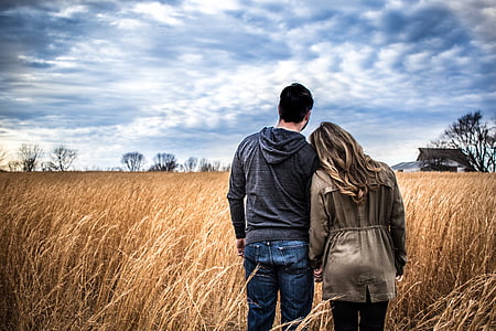 agriculture, back view, countryside, couple, crop, cropland, fall