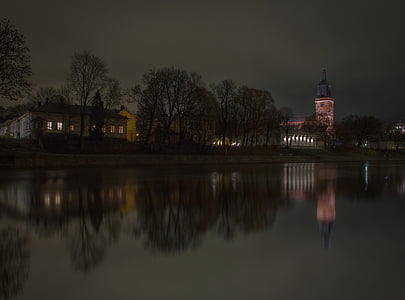 Turku, Kathedrale, Kirche, Fluss, Aura-Fluss, Nacht, Herbst